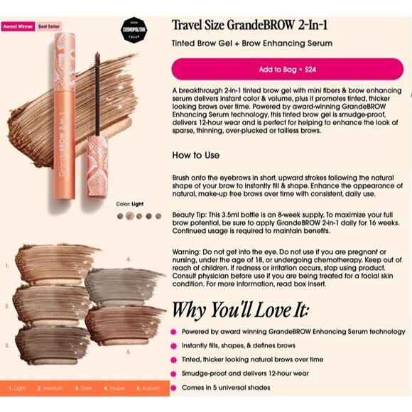 NIB GrandeBROW 2-In-1 Tinted Brow Gel + Brow Enhancing Serum Light Mini 4 Months - Picture 3 of 11